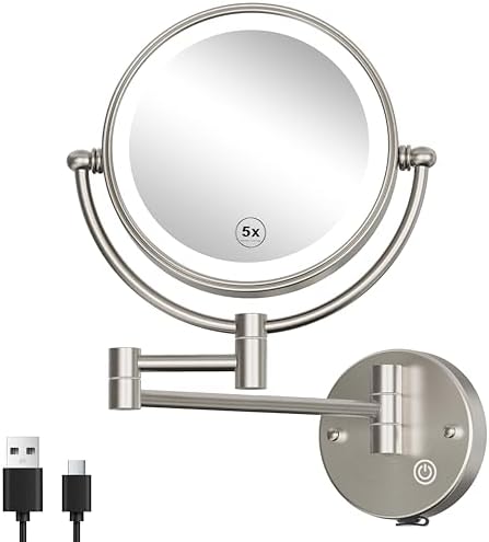Wall Mounted Lighted Makeup Mirror, 1/5X Magnifying, Brass Brushed Nickel