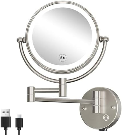 Wall Mounted Lighted Makeup Mirror, 1/5X Magnifying, Brass Brushed Nickel