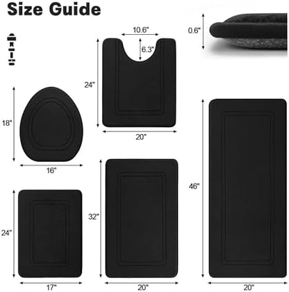YIHOUSE Black Memory Foam Bath Mat Set, 5-Piece Non-Slip Absorbent Bath Rugs for Bathroom Floor, Quick-Dry Washable