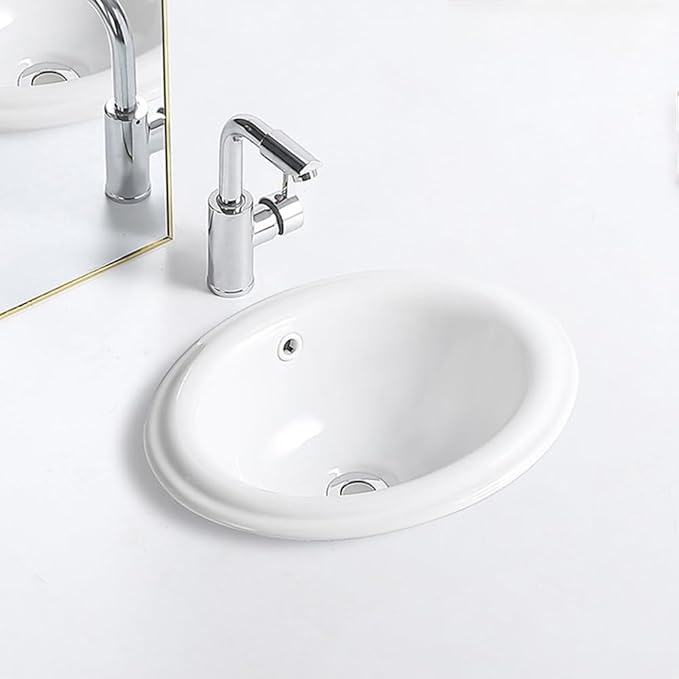 Bathroom Oval Vessel Sink 16" x 12" Small Semi Recessed Sink White Ceramic Sink with Overflow Modern Sinks Bowl Vanity Above Counter Basin