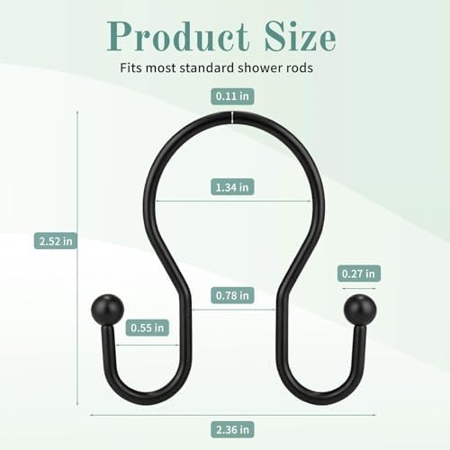 Goowin Shower Curtain Hooks, 12 Pcs Shower Curtain Rings, Stainless Steel Shower Curtain Hangers, Black Shower Curtain Hooks Rings Rust Proof, Minimalist Shower Hooks for Shower Curtain, Black