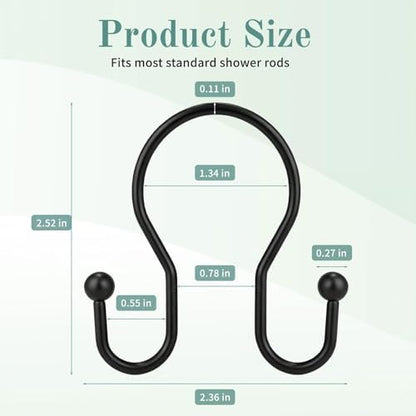 Goowin Shower Curtain Hooks, 12 Pcs Shower Curtain Rings, Stainless Steel Shower Curtain Hangers, Black Shower Curtain Hooks Rings Rust Proof, Minimalist Shower Hooks for Shower Curtain, Black