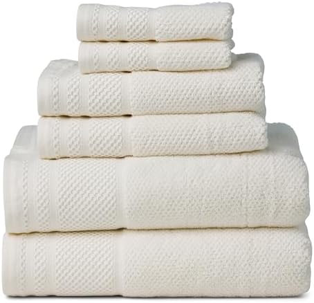 Texere 100% Organic Cotton Rice Weave Jacquard Luxury Bath Towel Sets - Soft and Absorbent Hotel and Spa Quality - 2 Large Bath Towels, 2 Hand Towels, 2 Washcloths (Rice Weave, Cream, 6 Piece)