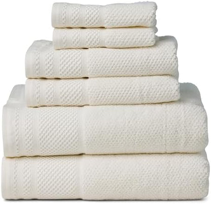 Texere 100% Organic Cotton Rice Weave Jacquard Luxury Bath Towel Sets - Soft and Absorbent Hotel and Spa Quality - 2 Large Bath Towels, 2 Hand Towels, 2 Washcloths (Rice Weave, Cream, 6 Piece)