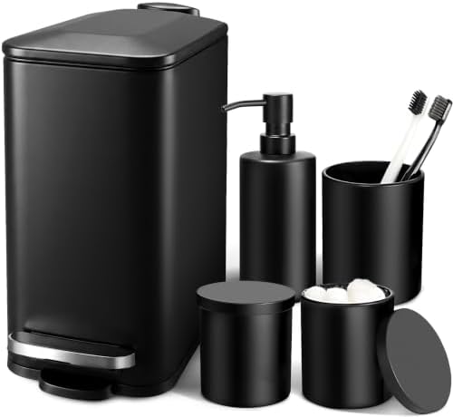 Black Bathroom Accessories Set, 5 Pcs Matte Black Bathroom Accessory Set with Trash Can, Soap Dispenser, Toothbrush Holder, Qtip Holder, Modern Bathroom Sets Complete Decor