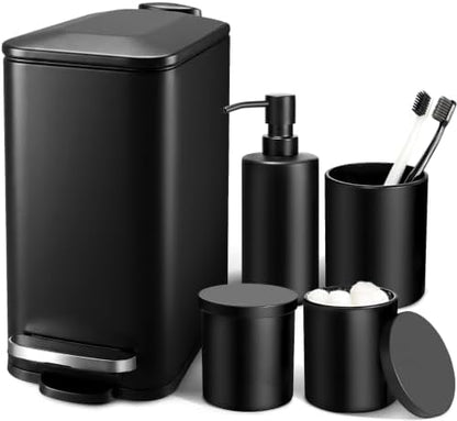 Black Bathroom Accessories Set, 5 Pcs Matte Black Bathroom Accessory Set with Trash Can, Soap Dispenser, Toothbrush Holder, Qtip Holder, Modern Bathroom Sets Complete Decor