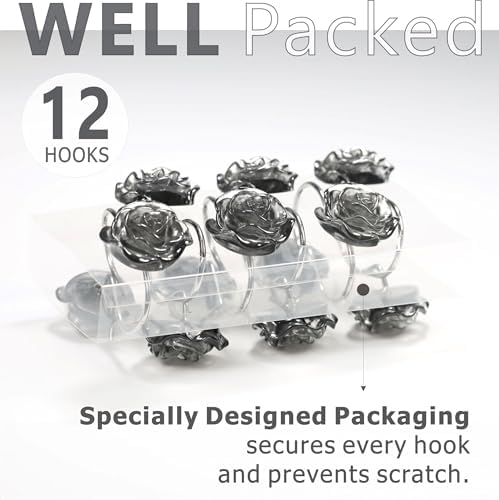 Grey Rose Shower Curtain Hooks: Cute Flower Bathroom Curtain Rings, 12Pcs