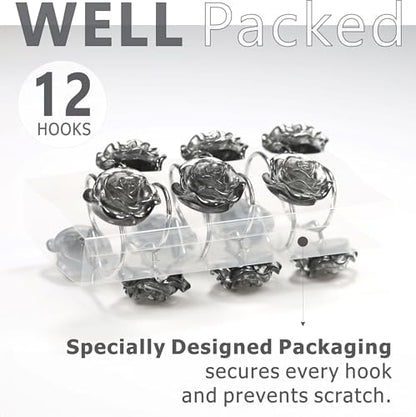 Grey Rose Shower Curtain Hooks: Cute Flower Bathroom Curtain Rings, 12Pcs