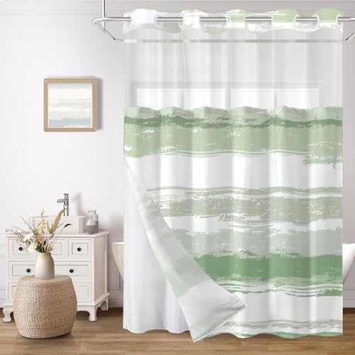 No Hook Shower Curtain with Liner, Green Stripe, 71x74 Inch