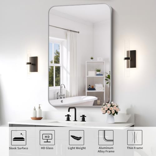 FORBATH Bathroom Mirror for Over Sink 30x48 Inch Silver, Rectanglar Wall Mirror with Metal Frame, Rounded Corners for Bathroom, Bedroom, Entryway Decor (Horizontal or Vertical)