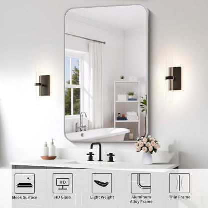 FORBATH Bathroom Mirror for Over Sink 30x48 Inch Silver, Rectanglar Wall Mirror with Metal Frame, Rounded Corners for Bathroom, Bedroom, Entryway Decor (Horizontal or Vertical)
