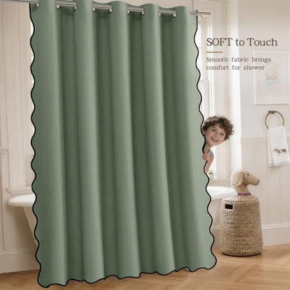Furlinic Scalloped Shower Curtain Green Waterproof No Hook Weighted 72x84