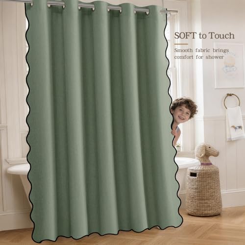 Furlinic Linen No Hook Shower Curtain Scalloped Washable 72x78 Olive Green