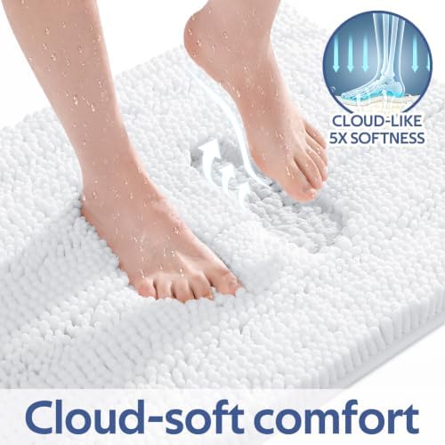 ACCUMTEK Striped White Bathroom Rug Set 3 Pieces Ultra Soft, Non Slip Chenille Toilet Mat, Absorbent Plush Shaggy Bath Mats for Bathroom, Bedroom, Kitchen, Ivory
