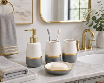 4 Piece Ceramic Bathroom Accessories Set, White Gray and Gold Soap Dispenser, Toothbrush Holder, Tumbler and Soap Dish, Modern Bathroom Countertop Vanity Decor