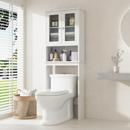 Over The Toilet Storage Cabinet for Bathroom, White Storage Organizer Over Toilet, Space Saver with Tempered Glass Doors, White