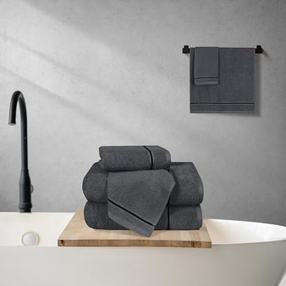 MyOwn Ultra Soft 6 Pack Cotton Towel Set, Contains 2 Bath Towels 28x55 inch, 2 Hand Towels 16x24 inch & 2 Wash Coths 12x12 inch, Ideal Everyday use, Compact & Lightweight - Charcoal Grey