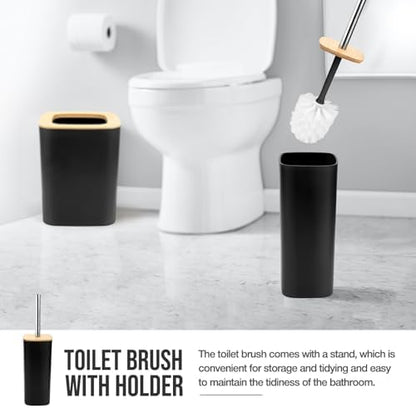 Hommtina Bamboo Bathroom Accessory Set, 6 Pcs Bathroom Essential Includes Toothbrush Cup, Toothbrush Holder, Soap Dispenser, Soap Dish, Toilet Brush with Holder, Trash Can (Black Square)