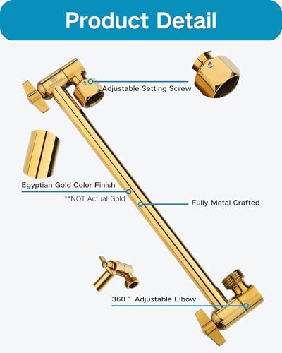11 Inch Adjustable Shower Head Extension Arm With Locking Set Screw, Singing Rain 304 Stainless Steel Egyptian Gold Angle Height Adjustable, G1/2 Universal Connector Compatible (Egyptian Gold)