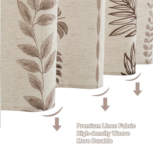 ORTIGIA Linen Brown Leaf Shower Curtain with Metal Hooks,Botanical Boho Waterproof Natural Linen Bath Curtain for Rustic Farmhouse Bathroom Decor 72x72 Inch