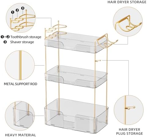Akinbas 3 Tier Bathroom Organizer Countertop Makeup Perfume Tray Skincare Organizer Comes with Hair Dryer Rack and Toothbrush Holder for Bathroom Dresser Vanity (White)