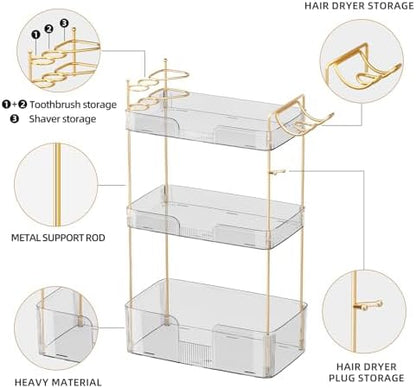 Akinbas 3 Tier Bathroom Organizer Countertop Makeup Perfume Tray Skincare Organizer Comes with Hair Dryer Rack and Toothbrush Holder for Bathroom Dresser Vanity (White)