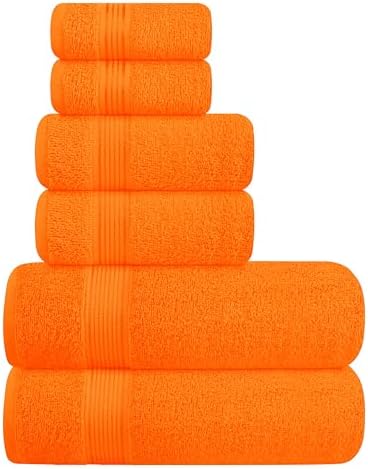 Belizzi Home Ultra Soft 6 Pack Cotton Towel Set, Contains 2 Bath Towels 28x55 inch, 2 Hand Towels 16x24 inch & 2 Wash Coths 12x12 inch, Ideal for Everyday use, Compact & Lightweight - Orange