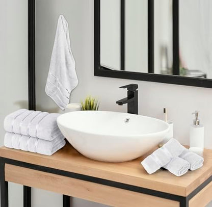 Luxury Towels for Bathroom Set of 8-2 Bath Towels 2 Hand Towels 4 Washcloths - 600 GSM 100% Cotton Ring Spun Viscose Border Towels Set - White