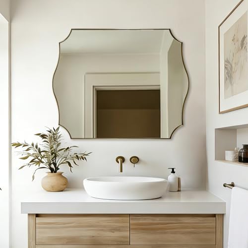 ANDY STAR 32"x40" Brushed Gold Bathroom Mirror, Scalloped Mirrors for Wall, Large Champagne Bronze Mirror with Elegant Curved Scallop Design, Anti-Rust Stainless Steel Thin Frame