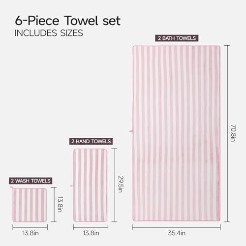 REDKISS Ultra Soft Bath Towel Set 6-Piece 35"x70" | 100% Microfiber, Highly Absorbent | Quick Dry Towels for Bathroom, Spa, Gym | 2 Bath, 2 Hand, 2 Washcloths | Pink