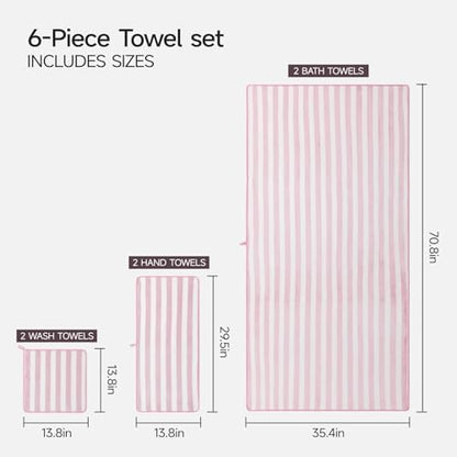REDKISS Ultra Soft Bath Towel Set 6-Piece 35"x70" | 100% Microfiber, Highly Absorbent | Quick Dry Towels for Bathroom, Spa, Gym | 2 Bath, 2 Hand, 2 Washcloths | Pink