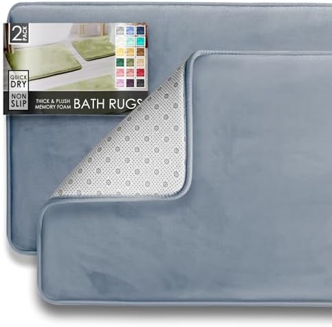 Clara Clark 2 Piece Bathroom Rug Set - Memory Foam, Bath Mat Set, Plush, Cozy, Ultra Soft, Non Slip, Machine Washable, Quick Dry - 24” x 17”+ 32” x 20” - Stone Blue