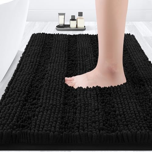 ACCUMTEK Striped Black Bathroom Rug Mat 24"x17" Ultra Soft, Non Slip Chenille Bath Rugs, Absorbent Plush Shaggy Bath Mats for Bathroom, Bedroom, Kitchen, Shower, Tub