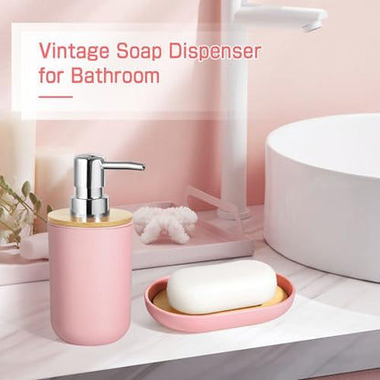 Pink Bathroom Accessories - 5 Pcs, Plastic Decor Set, Soap Dispenser, Toothbrush Holder, Soap Dish, Cotton Swab Jar, Boho Organizer