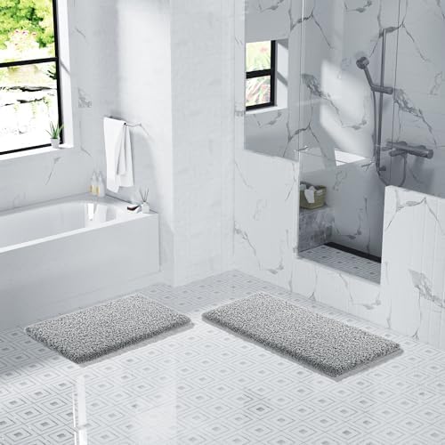 Yimobra Fluffy Plush Bath Rug, Super Shaggy Soft Comfortable Non Slip, Water Absorbent Microfiber Bath Mat, Dries Quickly, Machine Washable Thick Bathroom Rugs for Shower, 44" X 24", Pure Gray