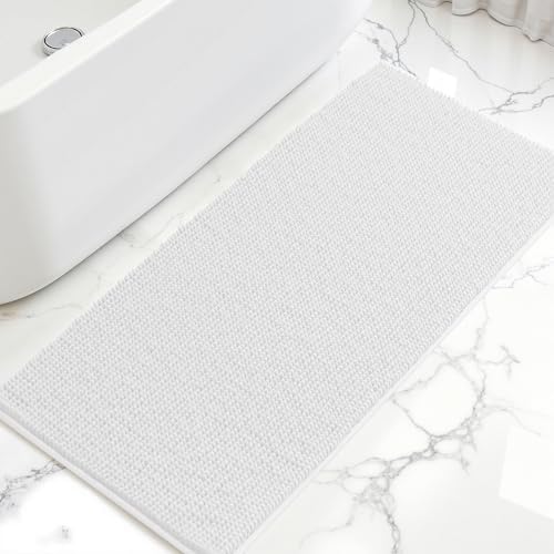 SUBRTEX Bathroom Rugs, 24" x 55" Chenille Bath Rug Soft Short Plush Bath Mat Soft Shower Mat Water Absorbent Shower Mat Quick Dry Machine Washable, White
