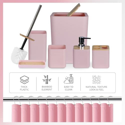 CERBIOR Bamboo Bathroom Accessory Set with Shower Curtain,Pink,20PCS
