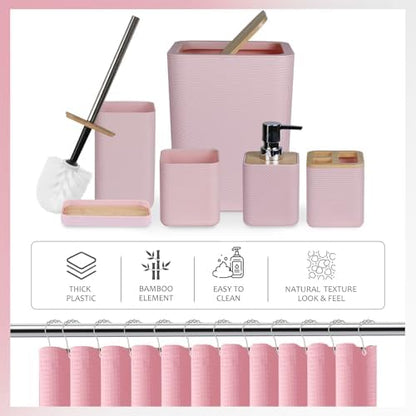 CERBIOR Bamboo Bathroom Accessory Set with Shower Curtain,Pink,20PCS