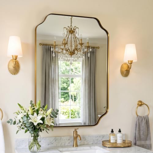 MIRRORART 24x30’’ Gold Bathroom Mirror, Scalloped Mirrors for Bathroom Sink, Notched Corner Rectangle Mirror in 1’’ Premium Stainless Steel Metal Frame Home Remodel Wall Mount Vertical/Horizontal