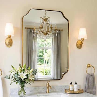 MIRRORART 24x30’’ Gold Bathroom Mirror, Scalloped Mirrors for Bathroom Sink, Notched Corner Rectangle Mirror in 1’’ Premium Stainless Steel Metal Frame Home Remodel Wall Mount Vertical/Horizontal