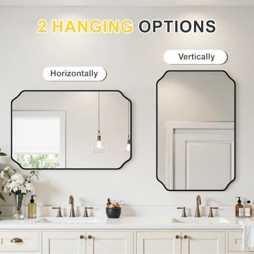 Vanity Bathroom Mirror, 24" x 36" Black Scalloped Mirror for Wall