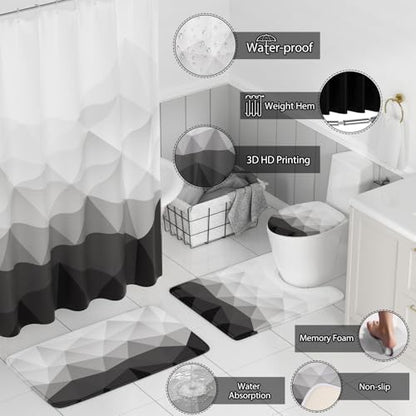 XLHOMO Bathroom Accessory Set - 26PC Bathroom Shower Curtain and Rug Set, Bathroom Accessories Set, Grey Bathroom Set with Trash Can, Toilet Brush, Qtip Holder & Soap Dispenser