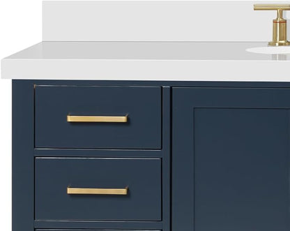 ARIEL Cambridge 54-inch Bathroom Vanity with Sink,Solid Wood, 1.5-inch Pure White Quartz Countertop & Backsplash, Single Oval Porcelain Sink, 2 Soft Closing Doors, 9 Dovetail Drawers, Midnight Blue