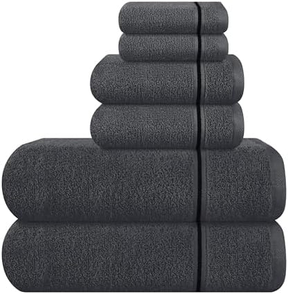 MyOwn Ultra Soft 6 Pack Cotton Towel Set, Contains 2 Bath Towels 28x55 inch, 2 Hand Towels 16x24 inch & 2 Wash Coths 12x12 inch, Ideal Everyday use, Compact & Lightweight - Charcoal Grey