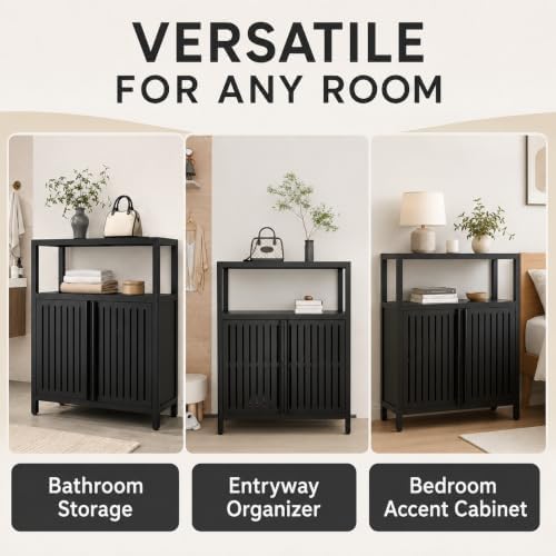 Bamboo Storage Cabinet, Black Freestanding Bathroom Cabinet