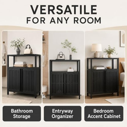 Bamboo Storage Cabinet, Black Freestanding Bathroom Cabinet