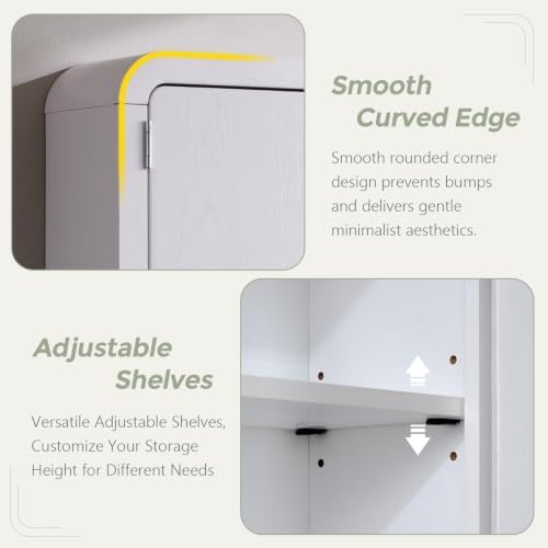 Over the Toilet Storage Cabinet, 69.69" Curved Bathroom Storage Organizer Cabinet with Doors and Adjustable Shelves, Wooden Free Standing Toilet Space Saver Rack, White
