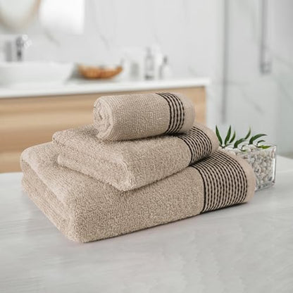 Belizzi Home Ultra Soft 3 Pack Cotton Towel Set, Contains a Bath Towel 28x55 inch, a Hand Towel 16x24 inch & a Wash Coth 12x12 inch, Ideal Everyday use, Compact & Lightweight -Tan
