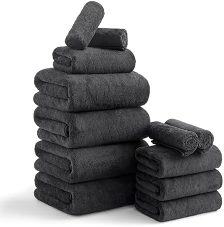 Luxury Bath Towels Set - 12 Piece (4 Large Bath Towels,4 Hand Towels,4 Washcloths), 100% Microfiber,Extra Absorbent Super Soft & Quick Dry,Complete Family Pack for Bathroom Gym Pool,Black