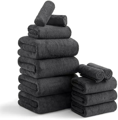 Luxury Bath Towels Set - 12 Piece (4 Large Bath Towels,4 Hand Towels,4 Washcloths), 100% Microfiber,Extra Absorbent Super Soft & Quick Dry,Complete Family Pack for Bathroom Gym Pool,Black